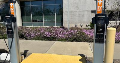 Depicted are two electric vehicle charging stations at UC Merced.